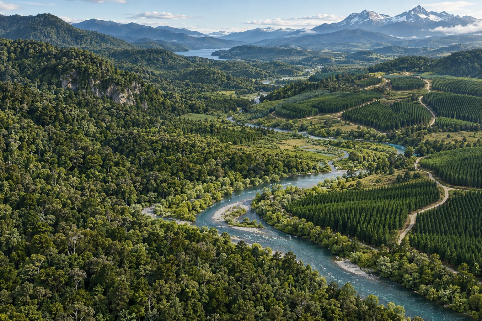 Ilustración de un territorio forestal continuo con bosque nativo, plantaciones, río y zonas de protección
